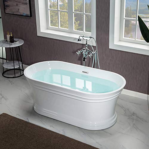 WOODBRIDGE 59"Freestanding White Acylic Soaking Bathtub with Brushed Gold Drain and Overflow,B1536-BG