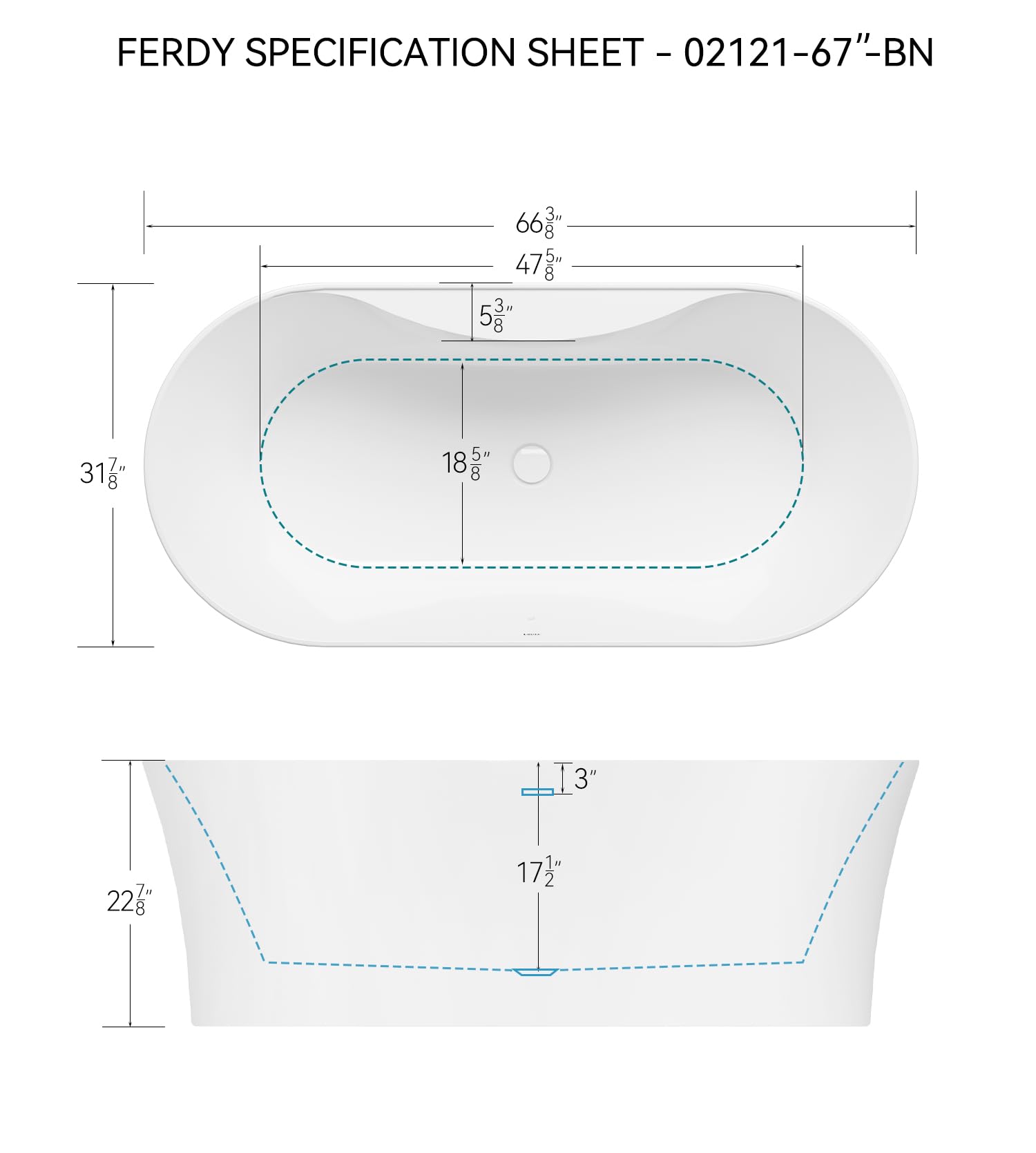 FerdY Tahiti 55" Acrylic Freestanding Bathtub, Elegant Oval Shape Soaking Bathtub, Glossy White, Brushed Nickel Drain & Integrated Slotted Overflow Assembly Included cUPC Certified