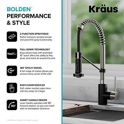 KRAUS Bolden Commercial Style Pull-Down Single Handle 18-Inch Kitchen Faucet in Brushed Brass/Matte Black, KPF-1610BBMB