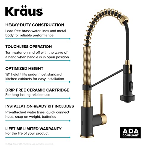 KRAUS Bolden Commercial Style Pull-Down Single Handle 18-Inch Kitchen Faucet in Brushed Brass/Matte Black, KPF-1610BBMB