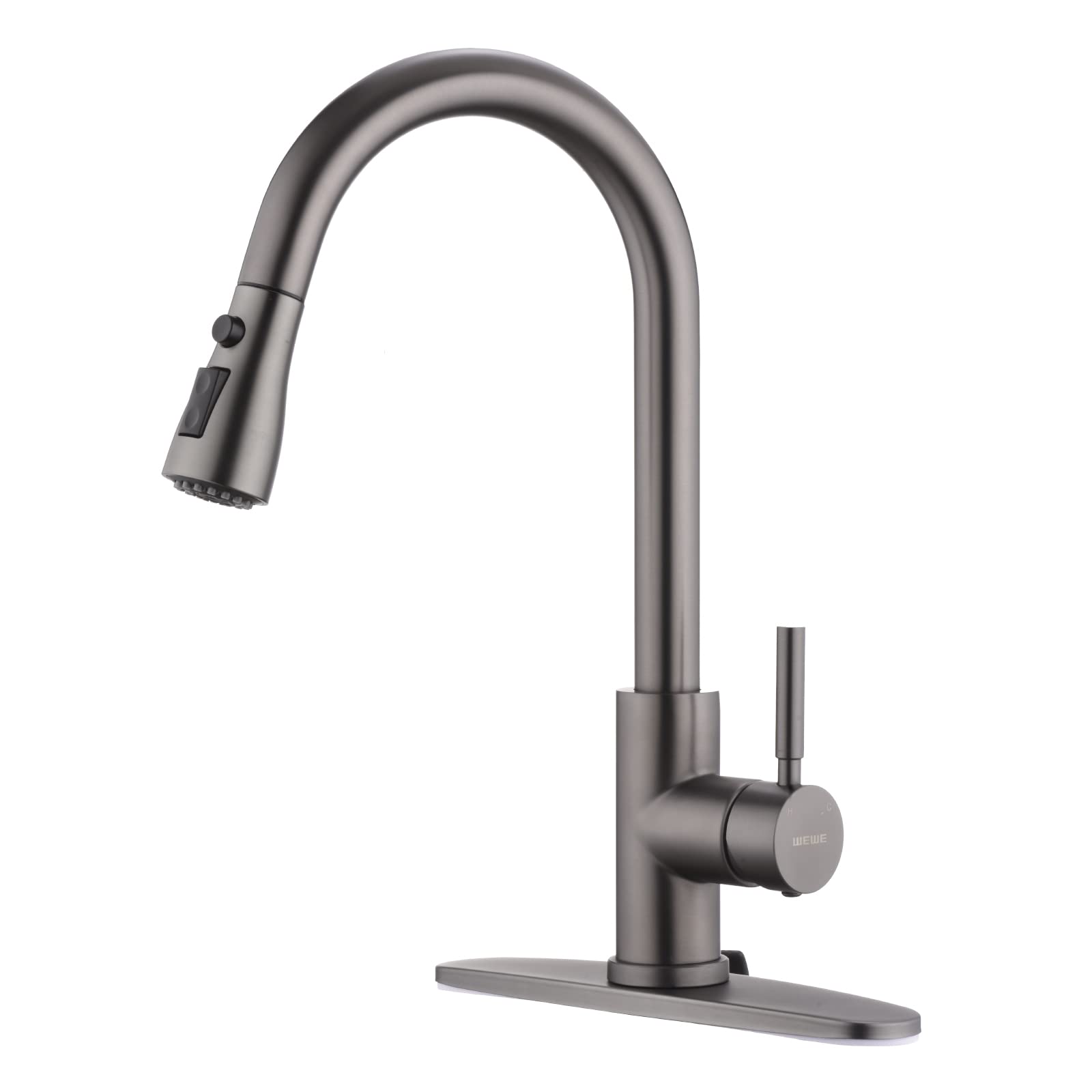 WEWE Single Handle High Arc Brushed Nickel Pull Out Kitchen Faucet,Single Level Stainless Steel Kitchen Sink Faucets with Pull Down Sprayer