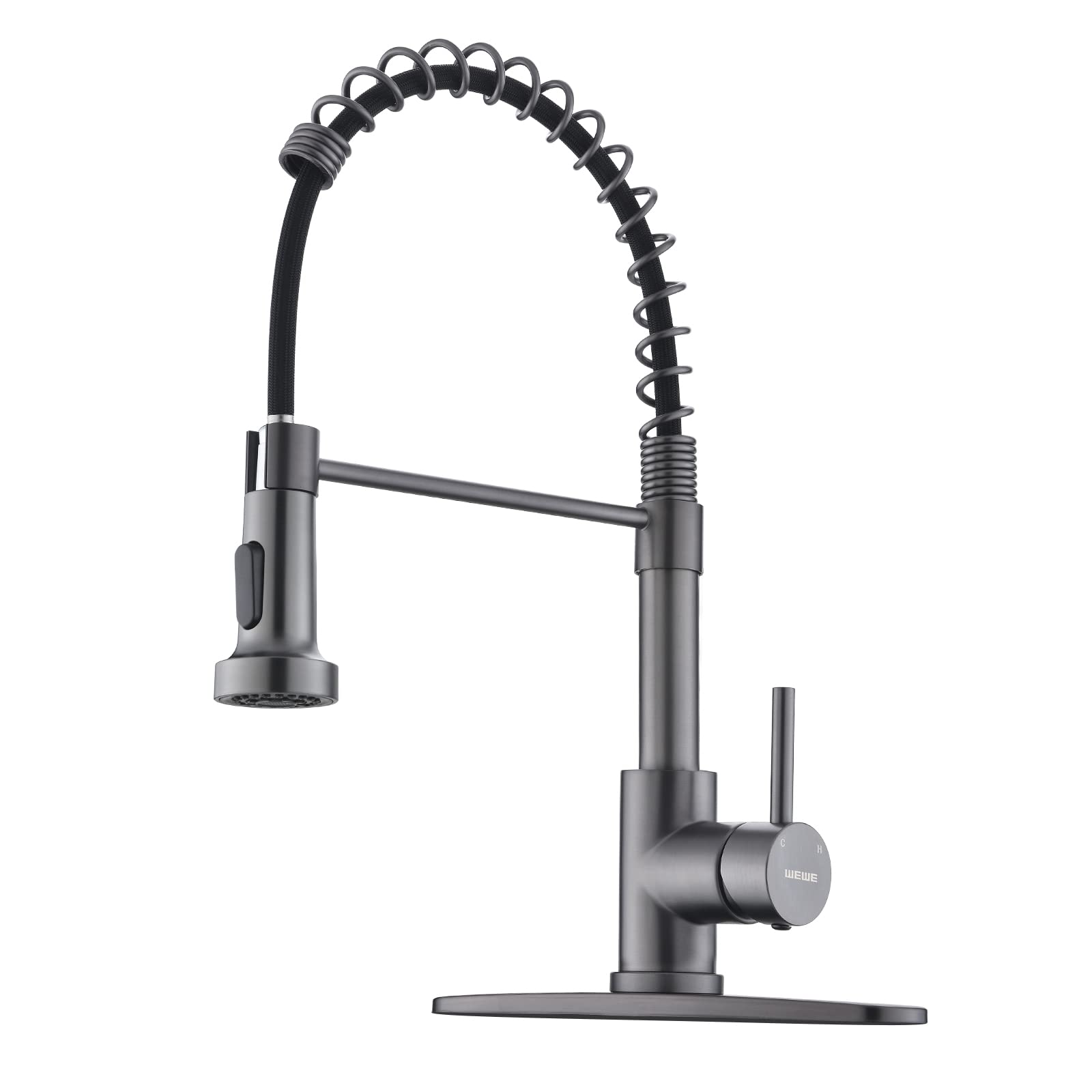 WEWE Kitchen Faucets with Pull Down Sprayer Commercial Industrial Stainless Steel Single Handle Single Hole Spring Farmhouse RV Sink Faucet, Matte Black