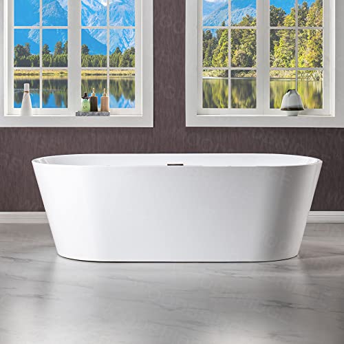 WOODBRIDGE 67" Acrylic Freestanding Bathtub Contemporary Soaking Tub, White Acrylic (Matte Black Drain/Overflow), B0013-MB-Drain &O