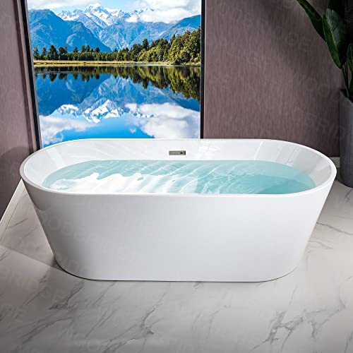 WOODBRIDGE 67" Acrylic Freestanding Bathtub Contemporary Soaking Tub, White Acrylic (Matte Black Drain/Overflow), B0013-MB-Drain &O