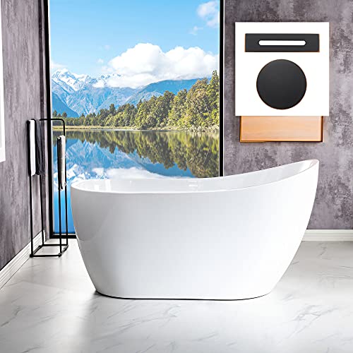 WOODBRIDGE Acrylic Freestanding Contemporary Soaking Tub with Brushed Nickel Overflow and Drain, B-0006 / BTA1507, 54" Bathtub White