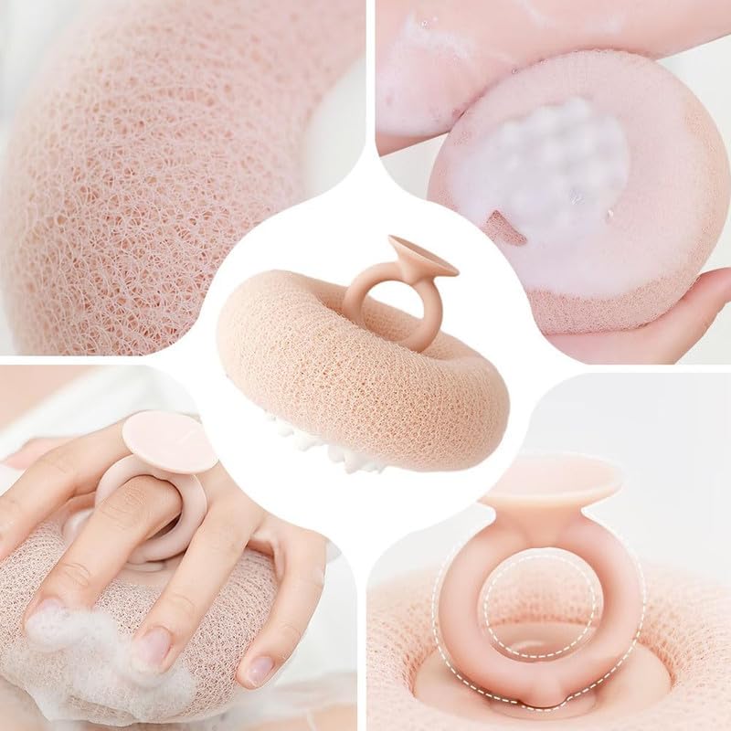 Super Soft Sunflower Suction Cup Bath Ball, 2024 New 2-in-1 Exfoliating Bath Cleaning Brush with Suction Cup Bath Ball, Sponge Mesh Pouf Shower Ball for Women Men Shower (Beige+Pink)