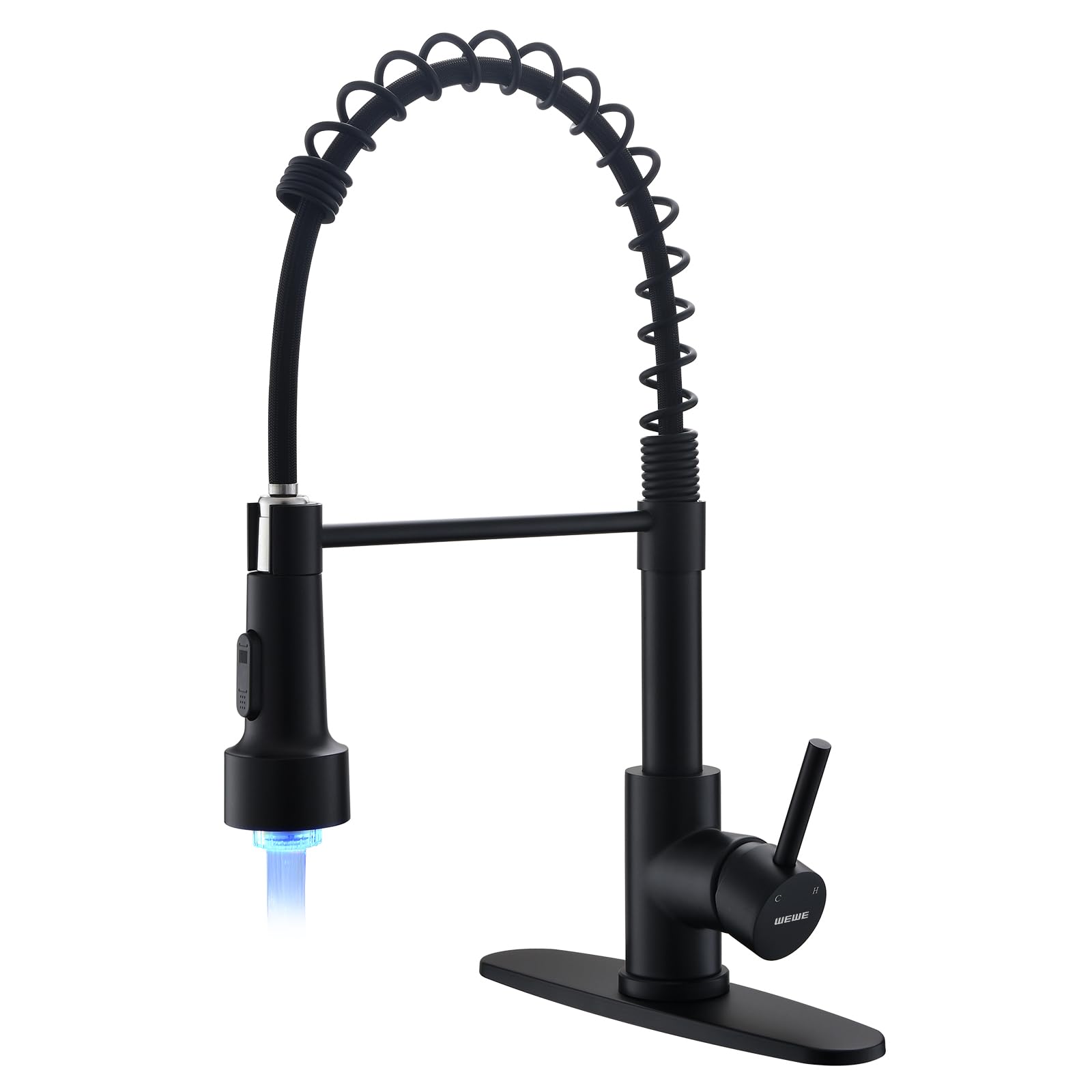 WEWE Kitchen Faucets with Pull Down Sprayer Commercial Industrial Stainless Steel Single Handle Single Hole Spring Farmhouse RV Sink Faucet, Matte Black