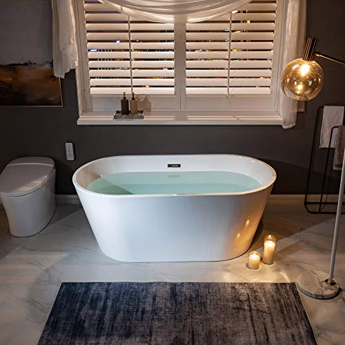 WOODBRIDGE 67" Acrylic Freestanding Bathtub Contemporary Soaking Tub, White Acrylic (Matte Black Drain/Overflow), B0013-MB-Drain &O