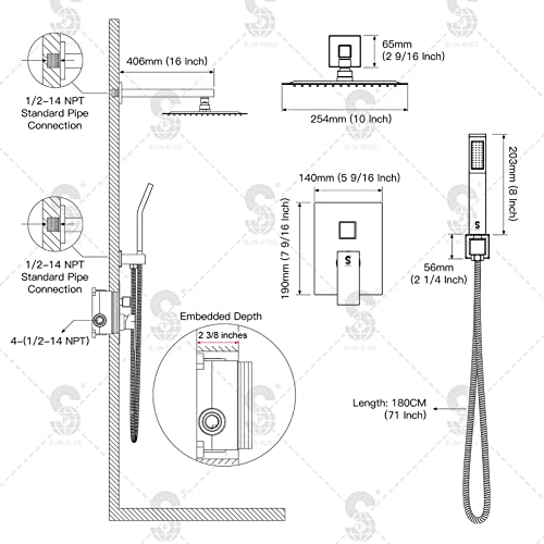 SR SUN RISE Shower Faucet Set Bathroom Square Rain Shower Head with Handheld Spray Wall Mounted Rainfall Shower Fixtures Brushed Nickel Shower Faucet Trim Repair Kits (Contain Shower Valve)