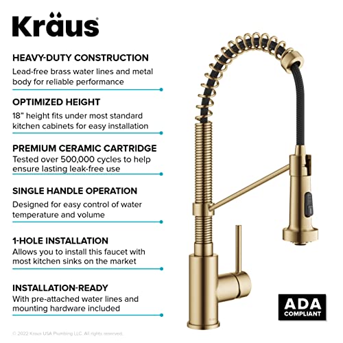 KRAUS Bolden Commercial Style Pull-Down Single Handle 18-Inch Kitchen Faucet in Brushed Brass/Matte Black, KPF-1610BBMB