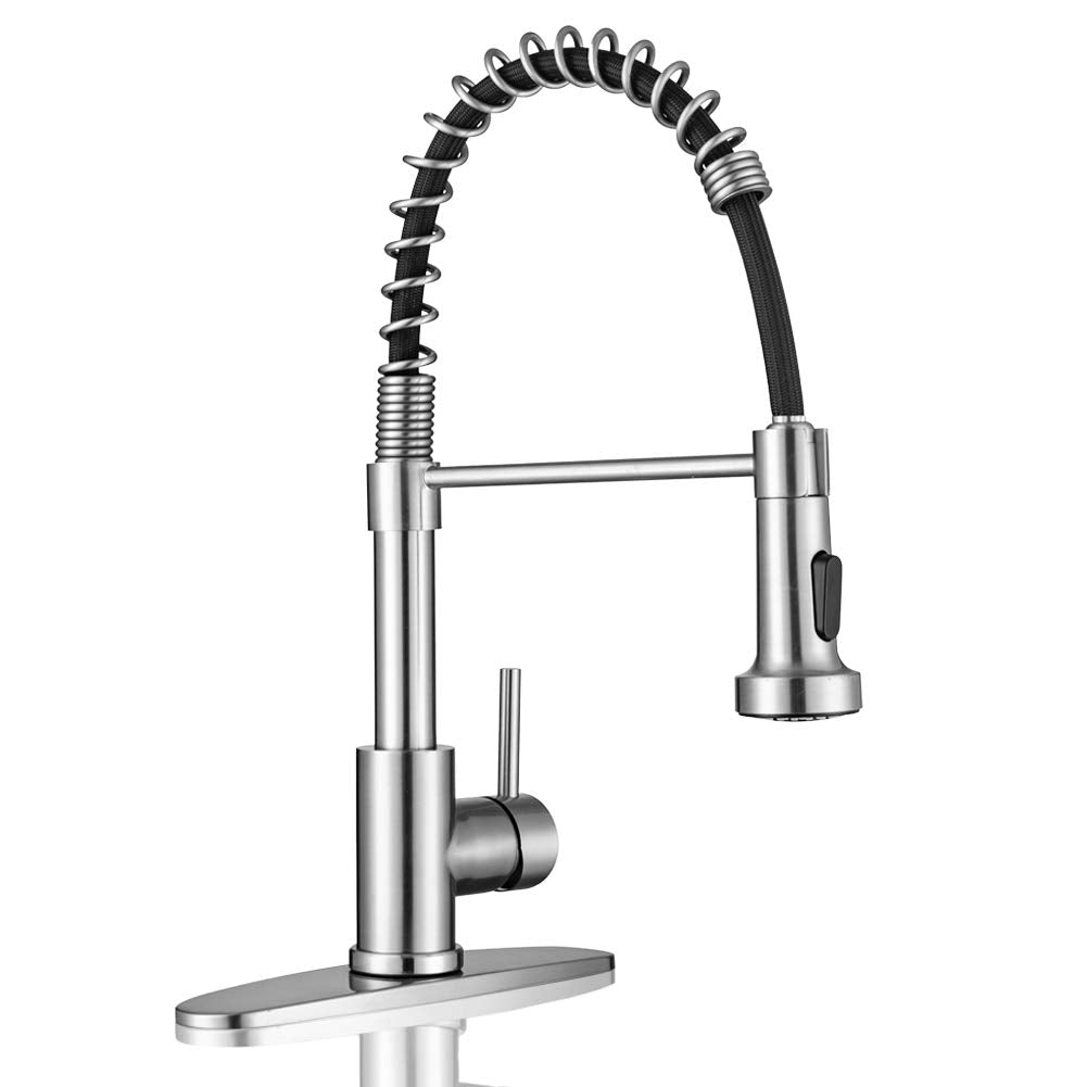 WEWE Kitchen Faucets with Pull Down Sprayer Commercial Industrial Stainless Steel Single Handle Single Hole Spring Farmhouse RV Sink Faucet, Matte Black