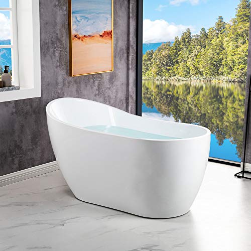 WOODBRIDGE Acrylic Freestanding Contemporary Soaking Tub with Brushed Nickel Overflow and Drain, B-0006 / BTA1507, 54" Bathtub White