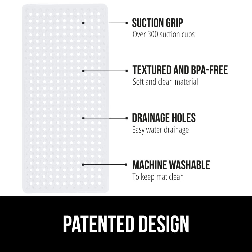 Gorilla Grip Patented Bathmat, 35x16, Clear, Bathtub Shower Mat, Plastic, Hexagon, Soft on Feet, Machine Washable, Suction Cups, Drainage Holes, BPA Free, Long Bath Tub Floor Mats