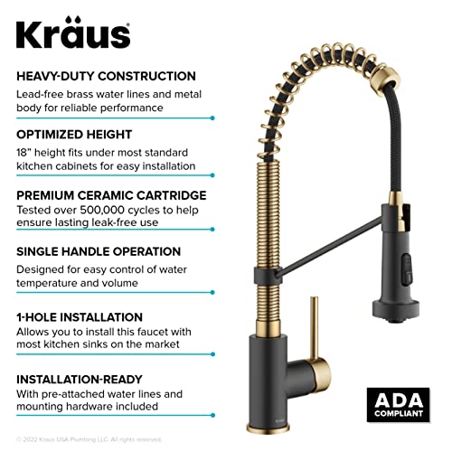 KRAUS Bolden Commercial Style Pull-Down Single Handle 18-Inch Kitchen Faucet in Brushed Brass/Matte Black, KPF-1610BBMB