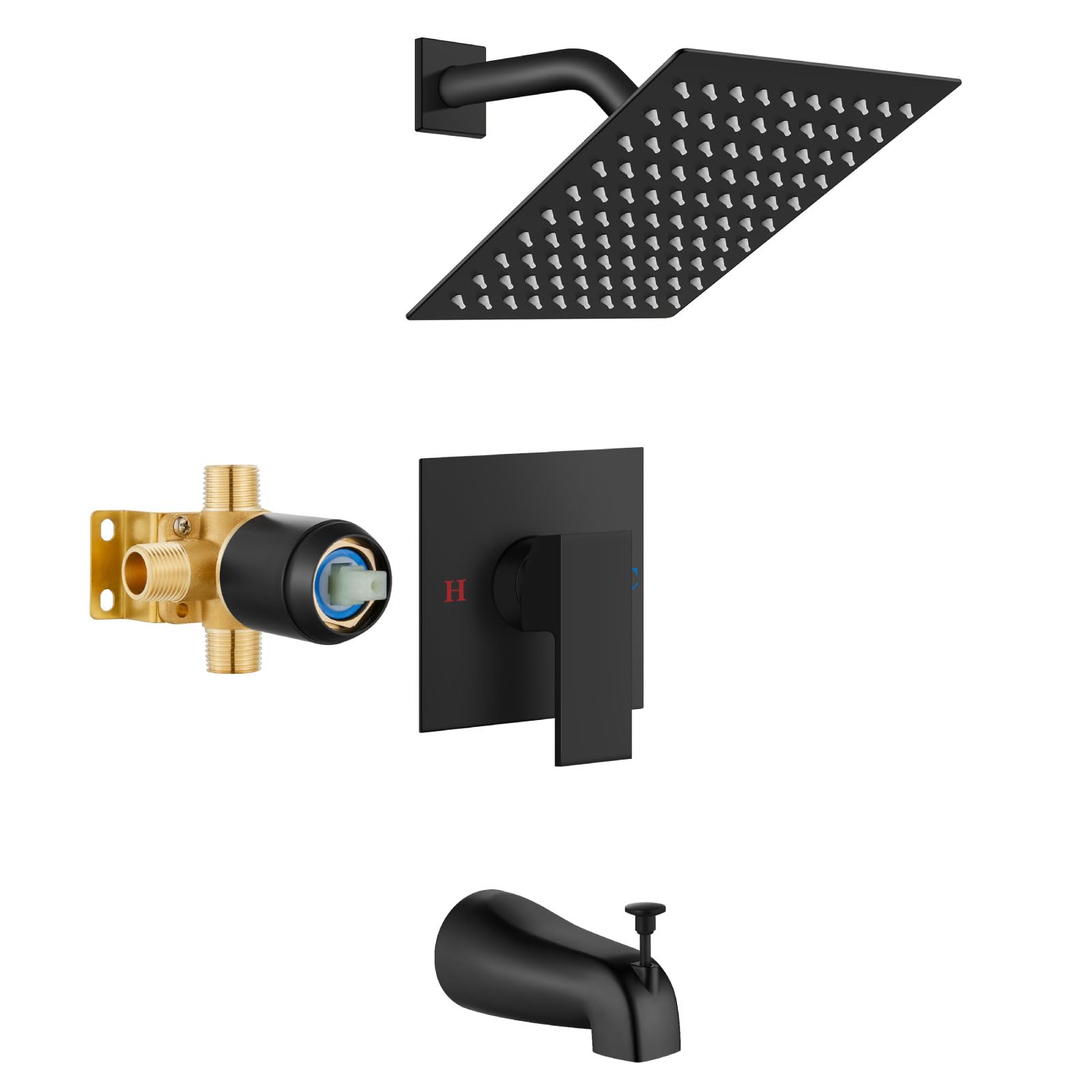 Airuida Shower Faucet Set with 8 Inch Rainfall Square Showerhead and Tub Spout Bathtub Faucet Kit Shower Tub Faucet Set Complete Tub Shower Trim Kit with Solid Brass Rough-in Valve Matte Black