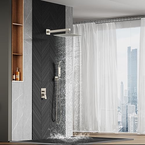 SR SUN RISE Shower Faucet Set Bathroom Square Rain Shower Head with Handheld Spray Wall Mounted Rainfall Shower Fixtures Brushed Nickel Shower Faucet Trim Repair Kits (Contain Shower Valve)