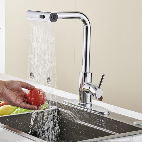 AVSIILE Kitchen Faucet with Pull Down Sprayer, Black Waterfall Touch Single Hole Stainless Steel Kitchen Sink Faucets, Commercial Modern Single Handle Faucets for Kitchen Sinks with Pull-Down Sprayer