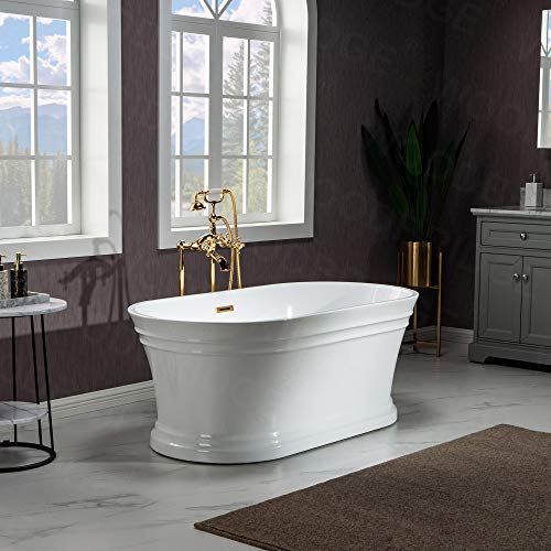 WOODBRIDGE 59"Freestanding White Acylic Soaking Bathtub with Brushed Gold Drain and Overflow,B1536-BG