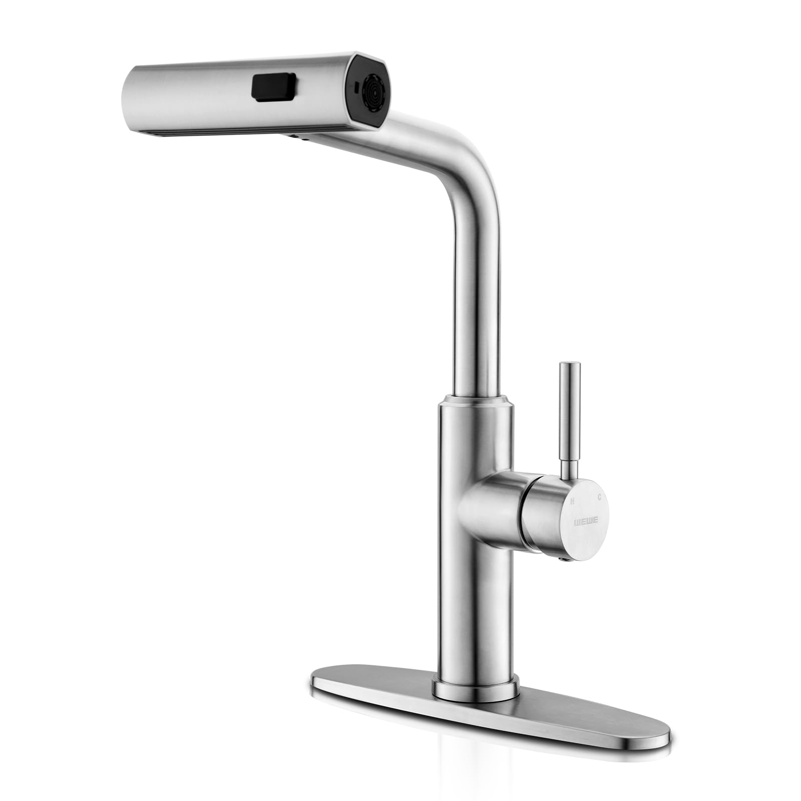 WEWE Single Handle High Arc Brushed Nickel Pull Out Kitchen Faucet,Single Level Stainless Steel Kitchen Sink Faucets with Pull Down Sprayer