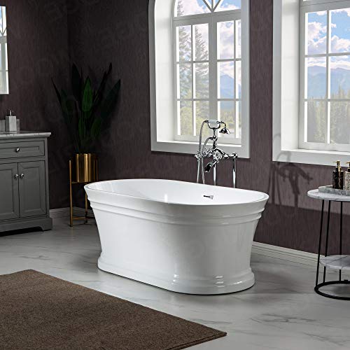 WOODBRIDGE 59"Freestanding White Acylic Soaking Bathtub with Brushed Gold Drain and Overflow,B1536-BG