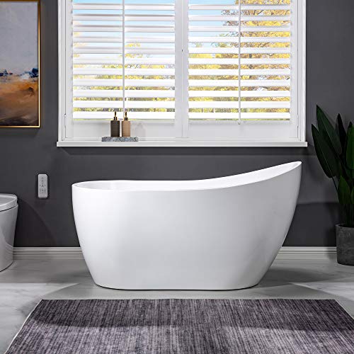 WOODBRIDGE Acrylic Freestanding Contemporary Soaking Tub with Brushed Nickel Overflow and Drain, B-0006 / BTA1507, 54" Bathtub White