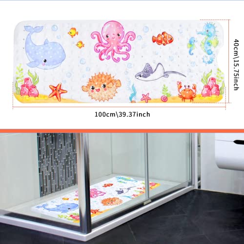 Secopad Baby Bath Mat for Tub for Kids, 40 X 16 Inch Non Slip Cartoon Bath Tub Shower Mat Anti Slip with Drain Holes and Suction Cups Machine Washable, Turtle