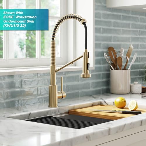 KRAUS Bolden Commercial Style Pull-Down Single Handle 18-Inch Kitchen Faucet in Brushed Brass/Matte Black, KPF-1610BBMB