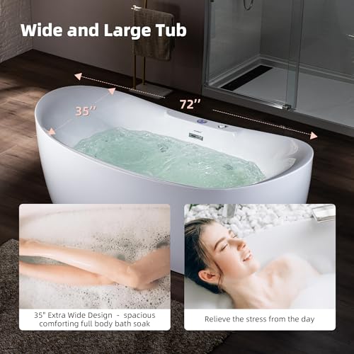 WOODBRIDGE 72" x 35-3/8" Whirlpool Water Jetted and Air Bubble Freestanding Heated Soaking Combination Bathtub with LED control panel,BJ-400