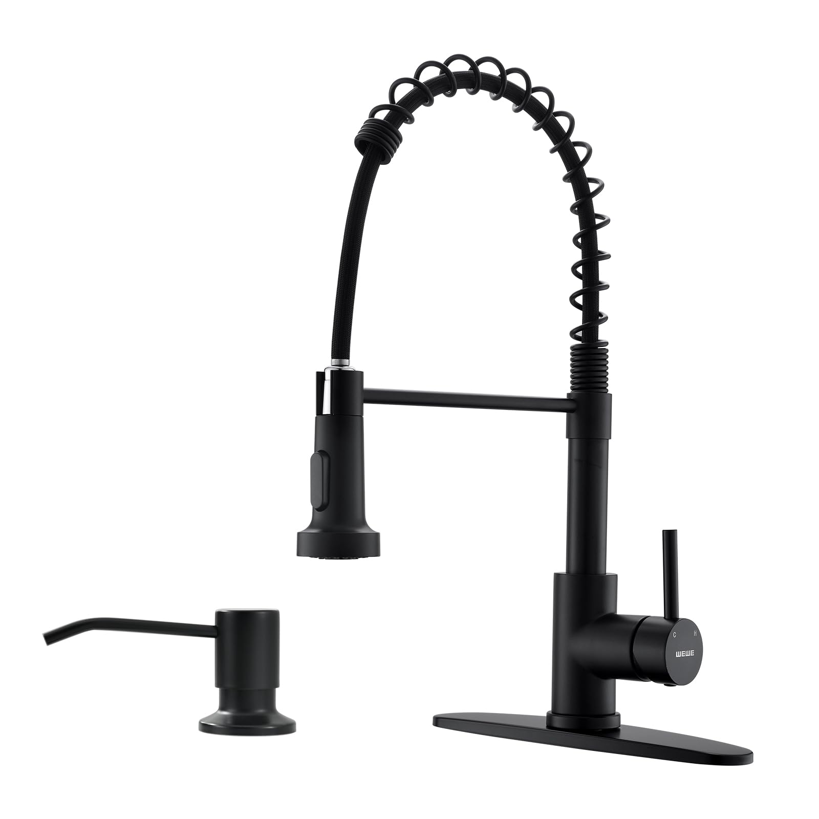 WEWE Kitchen Faucets with Pull Down Sprayer Commercial Industrial Stainless Steel Single Handle Single Hole Spring Farmhouse RV Sink Faucet, Matte Black