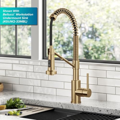 KRAUS Bolden Commercial Style Pull-Down Single Handle 18-Inch Kitchen Faucet in Brushed Brass/Matte Black, KPF-1610BBMB