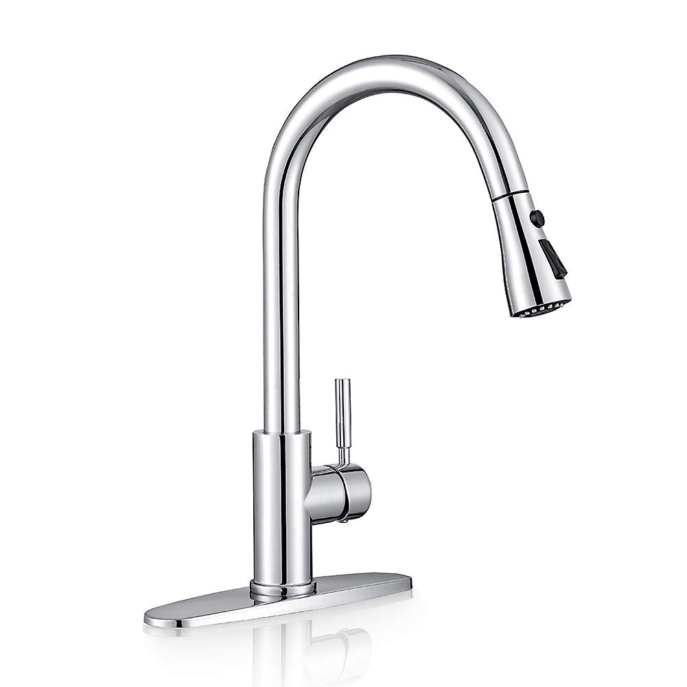 WEWE Single Handle High Arc Brushed Nickel Pull Out Kitchen Faucet,Single Level Stainless Steel Kitchen Sink Faucets with Pull Down Sprayer