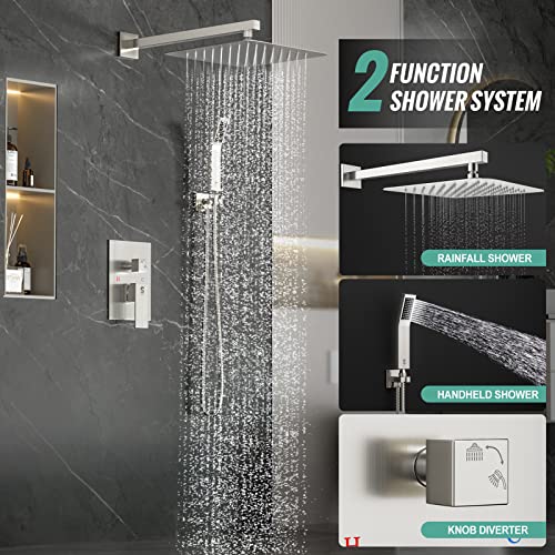 SR SUN RISE Shower Faucet Set Bathroom Square Rain Shower Head with Handheld Spray Wall Mounted Rainfall Shower Fixtures Brushed Nickel Shower Faucet Trim Repair Kits (Contain Shower Valve)