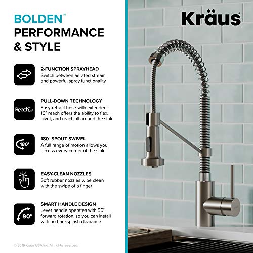 KRAUS Bolden Commercial Style Pull-Down Single Handle 18-Inch Kitchen Faucet in Brushed Brass/Matte Black, KPF-1610BBMB