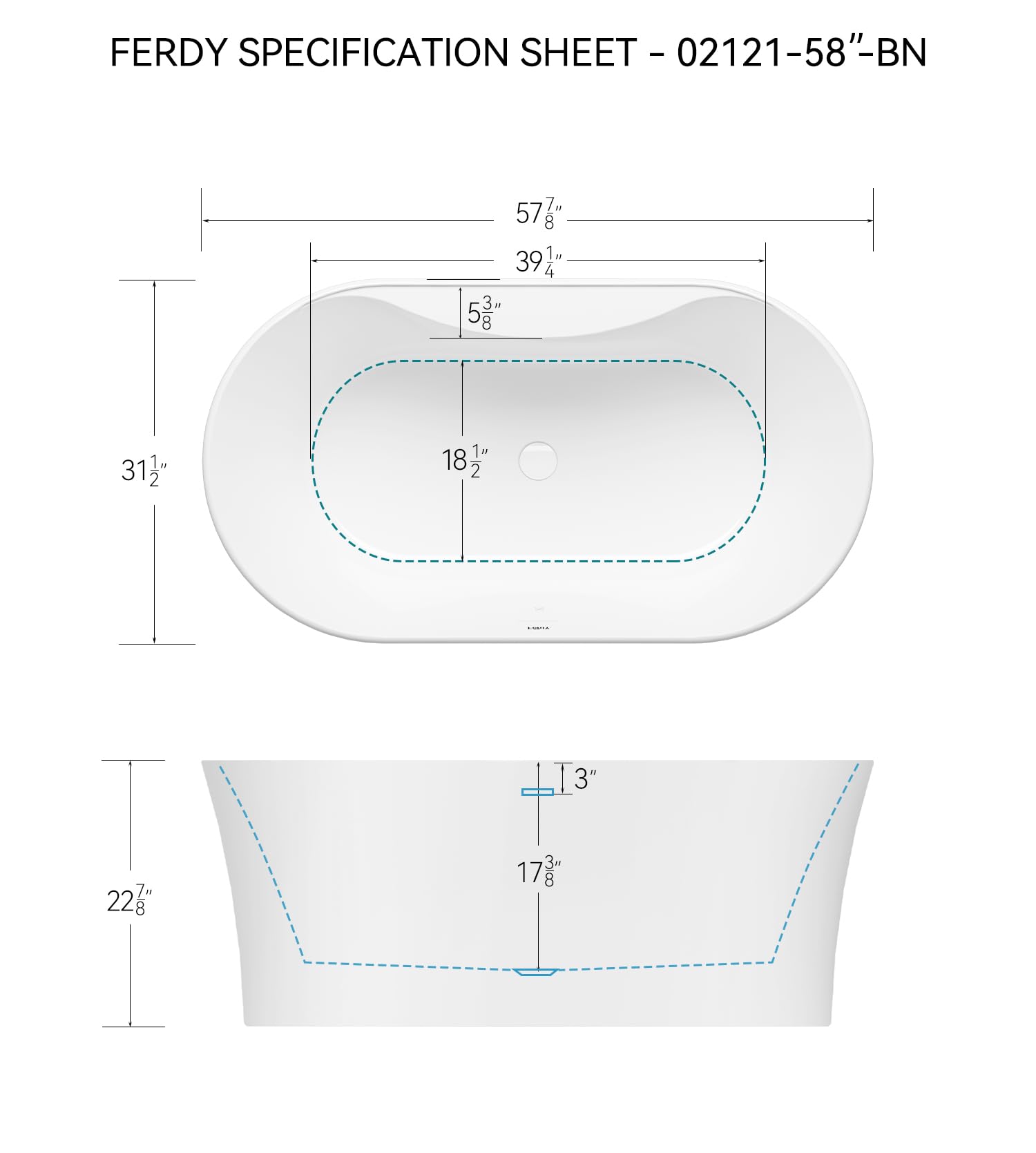 FerdY Tahiti 55" Acrylic Freestanding Bathtub, Elegant Oval Shape Soaking Bathtub, Glossy White, Brushed Nickel Drain & Integrated Slotted Overflow Assembly Included cUPC Certified