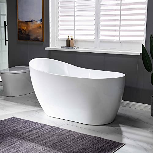 WOODBRIDGE Acrylic Freestanding Contemporary Soaking Tub with Brushed Nickel Overflow and Drain, B-0006 / BTA1507, 54" Bathtub White