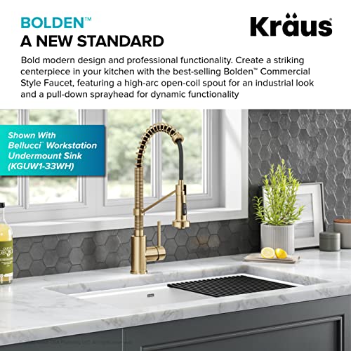 KRAUS Bolden Commercial Style Pull-Down Single Handle 18-Inch Kitchen Faucet in Brushed Brass/Matte Black, KPF-1610BBMB