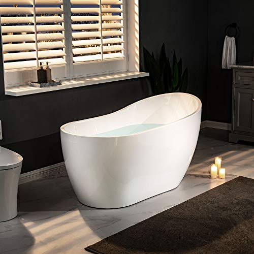 WOODBRIDGE Acrylic Freestanding Contemporary Soaking Tub with Brushed Nickel Overflow and Drain, B-0006 / BTA1507, 54" Bathtub White