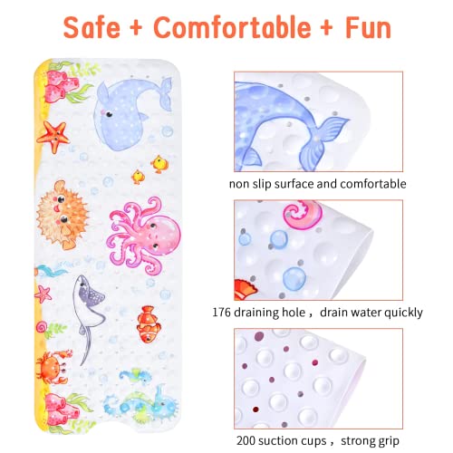 Secopad Baby Bath Mat for Tub for Kids, 40 X 16 Inch Non Slip Cartoon Bath Tub Shower Mat Anti Slip with Drain Holes and Suction Cups Machine Washable, Turtle