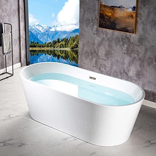 WOODBRIDGE 67" Acrylic Freestanding Bathtub Contemporary Soaking Tub, White Acrylic (Matte Black Drain/Overflow), B0013-MB-Drain &O