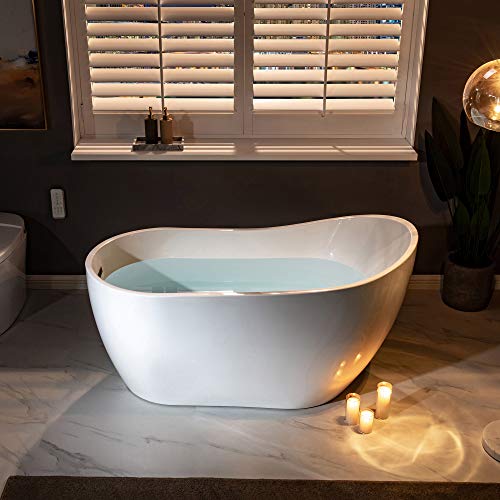 WOODBRIDGE Acrylic Freestanding Contemporary Soaking Tub with Brushed Nickel Overflow and Drain, B-0006 / BTA1507, 54" Bathtub White