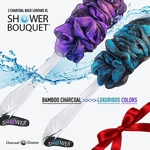 Loofah-Charcoal Back-Scrubber & Bath-Sponges by Shower Bouquet: 1 Long-Handle-Back-Brush Plus 2 Extra Large 75g Soft Mesh Poufs, Men & Women - Exfoliate with Full Pure Cleanse in Bathing Accessories