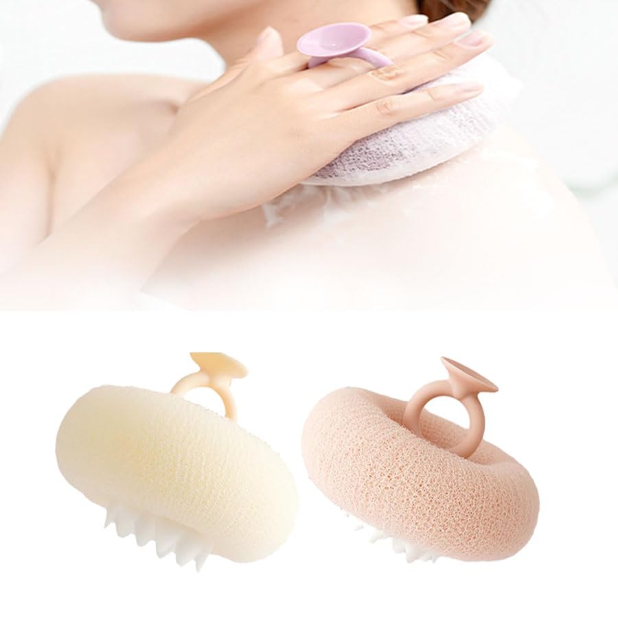 Super Soft Sunflower Suction Cup Bath Ball, 2024 New 2-in-1 Exfoliating Bath Cleaning Brush with Suction Cup Bath Ball, Sponge Mesh Pouf Shower Ball for Women Men Shower (Beige+Pink)