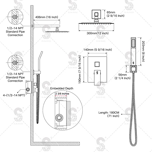 SR SUN RISE Shower Faucet Set Bathroom Square Rain Shower Head with Handheld Spray Wall Mounted Rainfall Shower Fixtures Brushed Nickel Shower Faucet Trim Repair Kits (Contain Shower Valve)