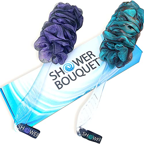 Loofah-Charcoal Back-Scrubber & Bath-Sponges by Shower Bouquet: 1 Long-Handle-Back-Brush Plus 2 Extra Large 75g Soft Mesh Poufs, Men & Women - Exfoliate with Full Pure Cleanse in Bathing Accessories