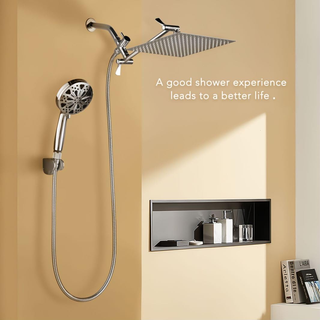 Razime 10''Rainfall Shower Head with Handheld Combo High Pressure 8+2 MODE built-in power wash, Stainless Steel Chrome Showerhead with 11'' Extension Arm Height/Angle Adjustable with Holder&60"Hose