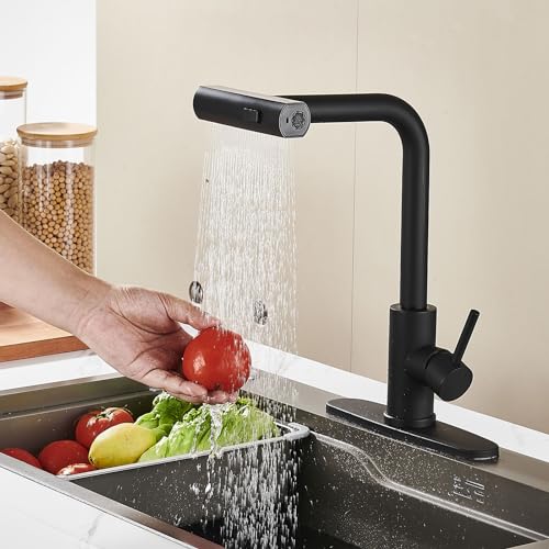 AVSIILE Kitchen Faucet with Pull Down Sprayer, Black Waterfall Touch Single Hole Stainless Steel Kitchen Sink Faucets, Commercial Modern Single Handle Faucets for Kitchen Sinks with Pull-Down Sprayer