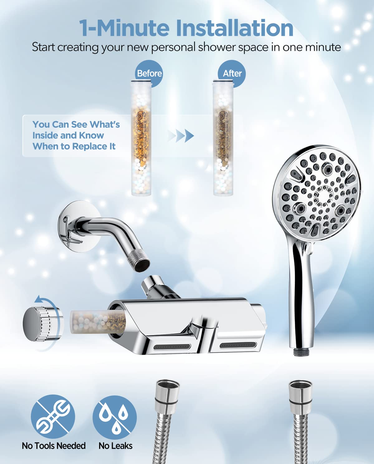 MakeFit Filtered Shower Head with Handheld Combo - Dual 2-in-1 Spa System with Massage Shower Head and 10 Modes Hand Held Shower Head, High Pressure, Built in Power Wash Mode (Chrome)