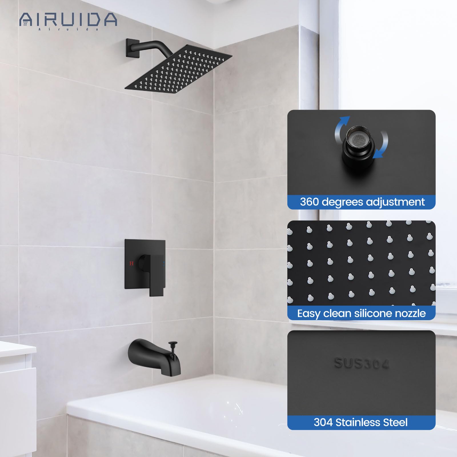 Airuida Shower Faucet Set with 8 Inch Rainfall Square Showerhead and Tub Spout Bathtub Faucet Kit Shower Tub Faucet Set Complete Tub Shower Trim Kit with Solid Brass Rough-in Valve Matte Black