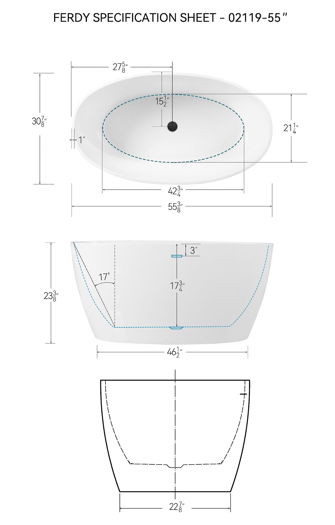 FerdY Tahiti 55" Acrylic Freestanding Bathtub, Elegant Oval Shape Soaking Bathtub, Glossy White, Brushed Nickel Drain & Integrated Slotted Overflow Assembly Included cUPC Certified