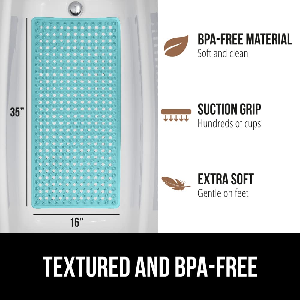 Gorilla Grip Patented Bathmat, 35x16, Clear, Bathtub Shower Mat, Plastic, Hexagon, Soft on Feet, Machine Washable, Suction Cups, Drainage Holes, BPA Free, Long Bath Tub Floor Mats